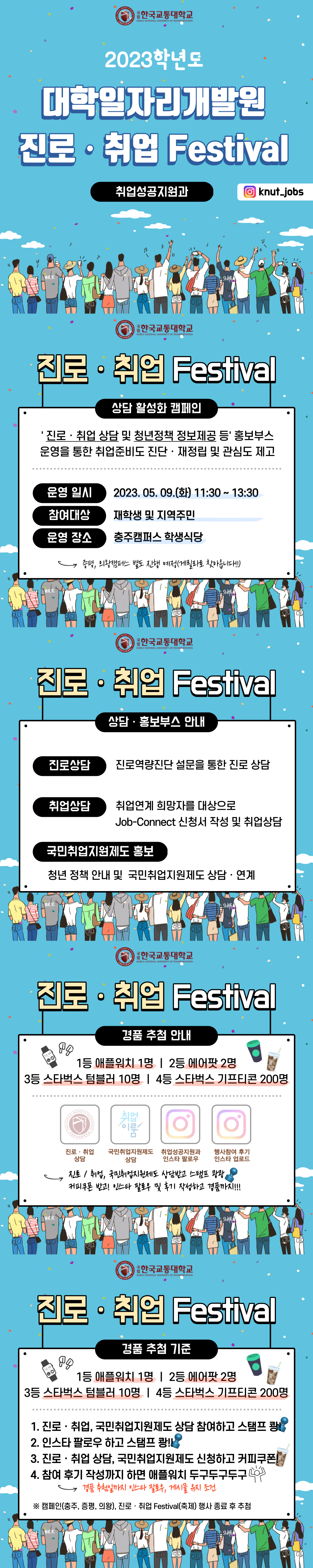 한국교통대학교 2023학년도 대학일자리개발원 진로, 취업 Festival 취업성공지원과 인스타그램: knut_jobs / 한국교통대학교 진로, 취업 Festival 상담 활성화 캠페인 [진로, 취업 상담 및 청년 정책 정보제공 등] 홍보부스 운영을 통한 취업준비도 진단, 재정립 및 관심도 제고 / 운영 일시: 2023.05.09.(화) 11:30~13:30. 참여대상: 재학생 및 지역주민. 운영 장소: 충주캠퍼스 학생식당. 증평, 의왕캠퍼스 별도 진행 예정(게릴라로 찾아옵니다!!) / 한국교통대학교 진로, 취업 Festival 상담, 홍보부스 안내-진로상담: 진로역량진단 설문을 통한 진로 상담. 취업상담: 취업연계 희망자를 대상으로 Job-Connect 신청서 작성 및 취업상담. 국민취업지원제도 홍보: 청년 정책 안내 및 국민취업지원제도 상담, 연계 / 한국교통대학교 진로, 취업 Festival 경품 추첨 안내-1등 애플워치 1명, 2등 에어팟 2명, 3등 스타벅스 텀블러 10명, 4명 스타벅스 기프티콘 200명. 진로, 취업 상담, 국민취업지원제도 상담, 취업성공지원과 인스타 팔로우, 행사참여 후기 인스타 업로드 / 진로, 취업, 국민취업지원제도 상담 받고 스탬프 쾅쾅 커피쿠폰 받고!인스타 팔로우 및 후기 작성하고 경품까지!!! / 한국교통대학교 진로, 취업 Festival 경품 추천 기준 : 1등 애플워치 1명, 2등 에어팟 2명, 3등 스타벅스 텀블러 10명, 4등 스타벅스 기프티콘 200명 / 1. 진로, 취업, 국민취업지원제도 상담 참여하고 스탬프 쾅!, 2. 인스타 팔로우 하고 스탬프 쾅!!, 3. 진로, 취업 상담, 국민취업지원제도 신청하고 커피쿠폰 4. 참여 후기 작성까지 하면 애플워치 두구두구두구 - 경품 추첨일까지 인스타 팔로우, 게시물 유지 조건 *캠페인(충주, 증평, 의왕) 진로, 취업 Festival(축제) 행사 종료 후 추첨